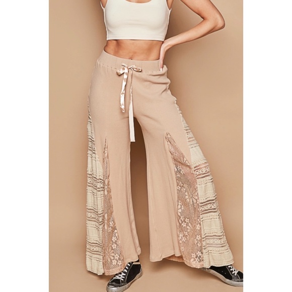 POL Mocha Latte Stretch Knit Lace Panel Wide Leg Pants - Picture 7 of 14